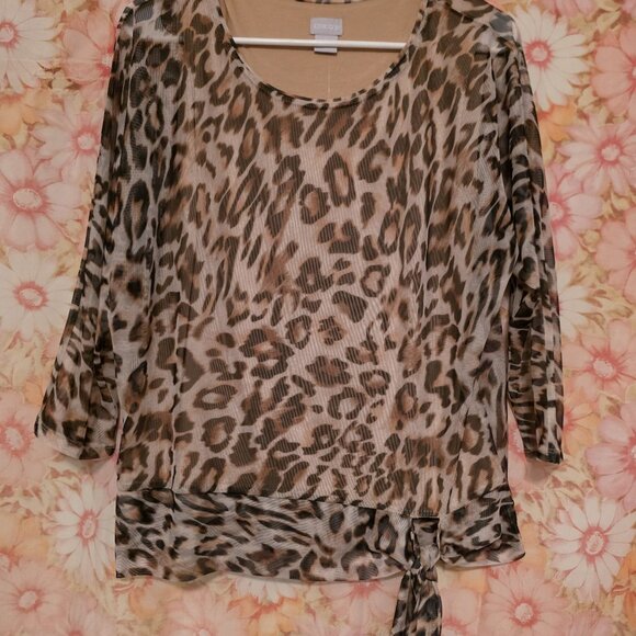NWT Chico's Cool Ocelot Print in Warm Sand Knit Mesh Top Size M - Picture 1 of 7